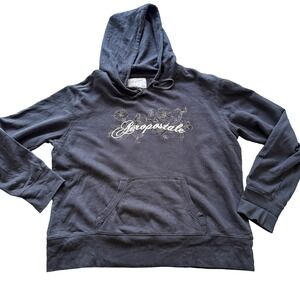 Aeropostale Womens Beaded Floral Logo Hoodie Charcoal Black Pullover Large
